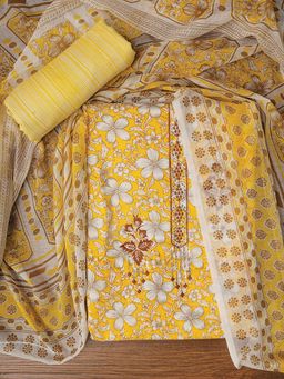 Jaipur Kurti - Unstitched Embellished Floral Printed Pure Dress Material with Dupatta (Set of 3)