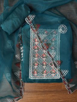 Jaipur Kurti - Unstitched Zari Embroidered Organza Dress Material with Dupatta (Set of 3)