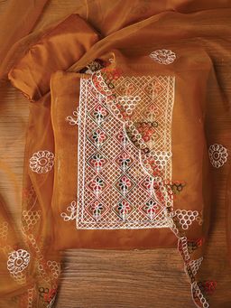 Jaipur Kurti - Unstitched Zari Embroidered Organza Dress Material with Dupatta (Set of 3)