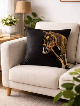 House of Owlet - Black Velvet Fabric Horse Stonework Square Cushion Cover (16X16)
