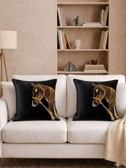 House of Owlet - Black Velvet Fabric Horse Stonework Square Cushion Cover (16X16) (Pack of 2)