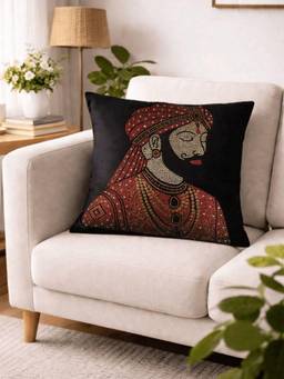 House of Owlet - Black Velvet Fabric King Stonework Square Cushion Cover (16X16)