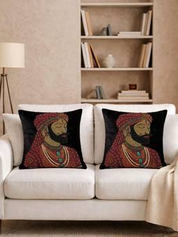 House of Owlet - Black Velvet Fabric King Stonework Square Cushion Cover (16X16) (Pack of 2)
