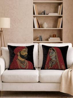 House of Owlet - Black Velvet Fabric King and Queen Stonework Square Cushion Cover (16X16) (Pack of 2)