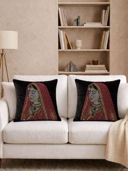 House of Owlet - Black Velvet Fabric Queen Stonework Square Cushion Cover (16X16) (Pack of 2)