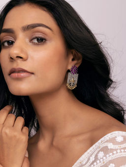 Indya - Dual Tone Pink Stone Multi Shape Dangler Earrings