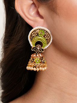 Karatcart - Antique Gold Plated White Beaded Light Green Floral Jhumki Earrings for Women