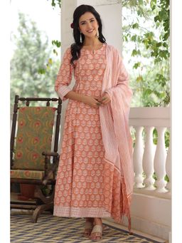 PIROH - Womens Cotton Floral Print Flared Gown With Mulmul Dupatta (pink) (Set of 2)