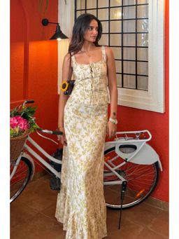 Old Marigold - Cream Esme Green Cotton Floral Maxi Skirt