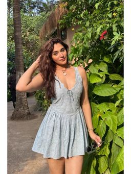 Old Marigold - Sage Bloom Eyelet V-Neck Cotton Blue Mini Dress
