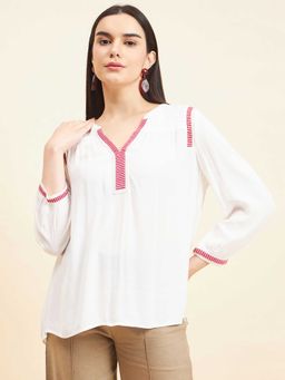 Gipsy - White Solid Cotton V-Neck Tunic