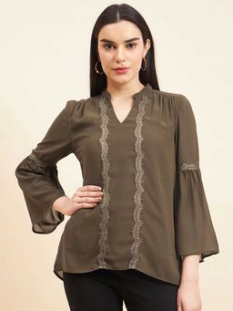 Gipsy - Green Solid Polyester Mandarin Neck Tunic