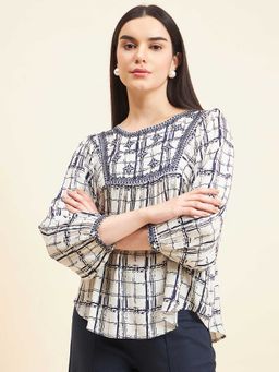 Gipsy - Blue Checks Printed Cotton Round Neck Tunic