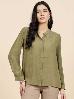Gipsy - Green Solid Georgette Mandarin Neck Shirt