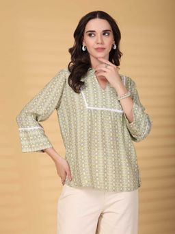 Gipsy - Green Printed Polyester Collar Tunic