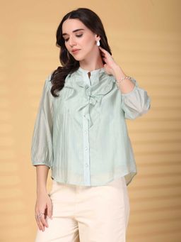 Gipsy - Green Solid Polyester Mandarin Neck Shirt