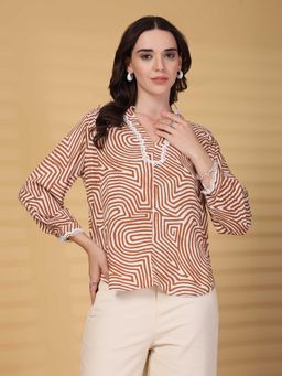 Gipsy - Brown Printed Rayon Mandarin Neck Tunic