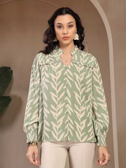 Gipsy - Green Printed Rayon Mandarin Neck Blouse