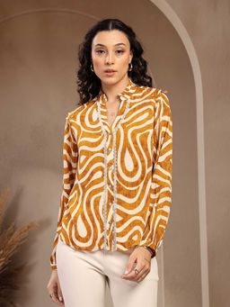 Gipsy - Yellow Printed Rayon Mandarin Neck Blouse