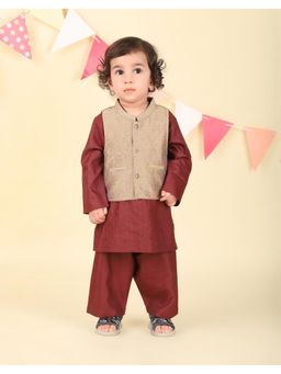 Fabindia - Maroon Silk Hand Block Printed Kurta, Pant & Nehru Jacket
