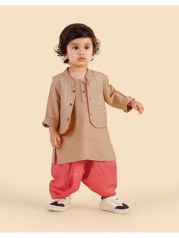 Fabindia - Beige Blend Hand Block Kurta, Dhoti Pant & Nehru Jacket