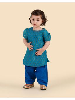 Fabindia - Teal Cotton Silk Blend Hand Block Printed Kurta with Salwar