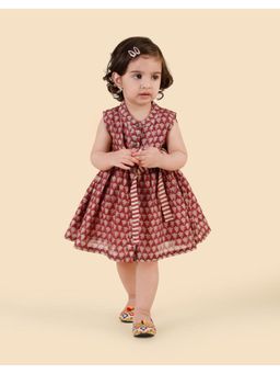 Fabindia - Maroon Cotton Silk Hand Block Printed Belted Dress