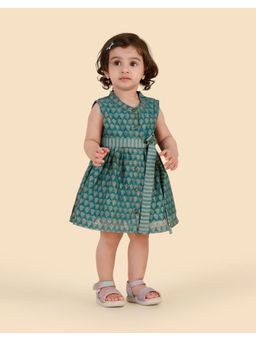 Fabindia - Teal Cotton Silk Hand Block Printed Belted Dress