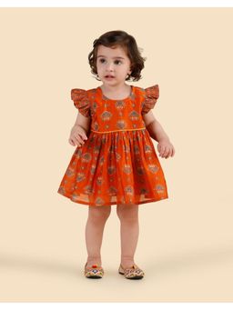 Fabindia - Orange Cotton Silk Hand Block Printed Dress