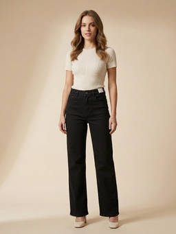 XYLA - Black Women High Waist Cotton Solid Straight Leg Jeans