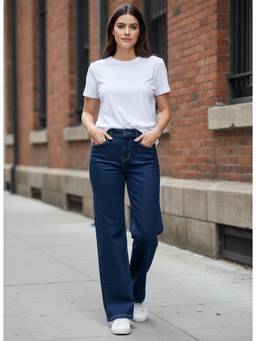XYLA - Women Blue High Waist Cotton Solid Straight Leg Jeans