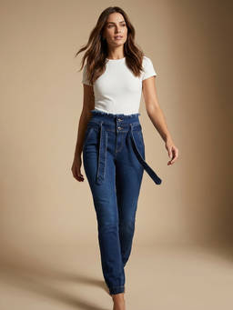 XYLA - Blue High Waist Cotton Solid Ankle Leg Jeans