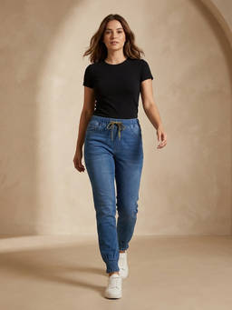 XYLA - Blue Womens Mid Waist Cotton Solid Tapered Leg Jeans