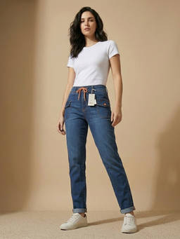 XYLA - Blue Women Mid Waist Cotton Solid Straight Leg Jeans