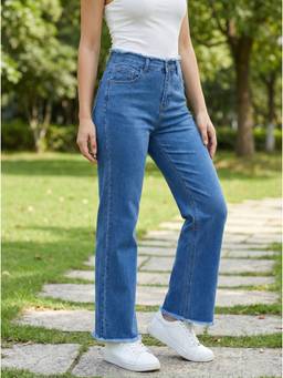XYLA - Blue Women's Mid Waist Cotton Solid Straight Leg Jeans