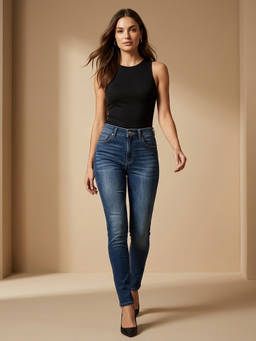 XYLA - Women's Blue High Waist Cotton Solid Straight Leg Jeans