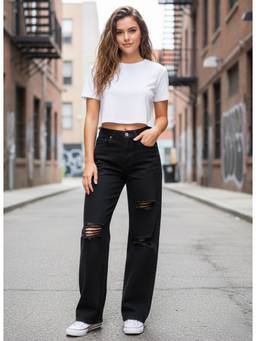 XYLA - Black Womens High Waist Cotton Solid Straight Leg Jeans