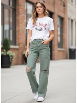 XYLA - Green Women High Waist Cotton Solid Straight Leg Jeans