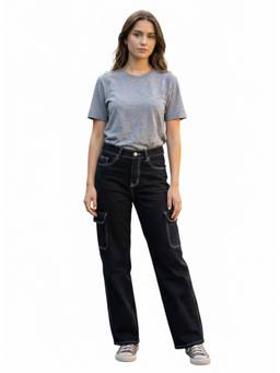 XYLA - Women Black Mid Waist Cotton Solid Straight Leg Jeans