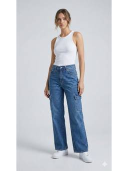 XYLA - Women Blue Mid Waist Cotton Solid Straight Leg Jeans