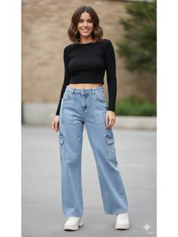 XYLA - Women Mid Waist Blue Cotton Solid Straight Leg Jeans