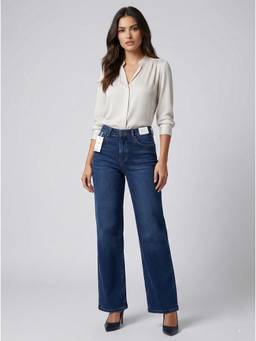 XYLA - Navy Blue Women's Mid Waist Cotton Solid Straight Leg Jeans