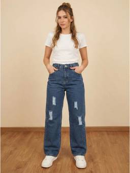 XYLA - Navy Blue Womens High Waist Cotton Solid Wide Leg Jeans