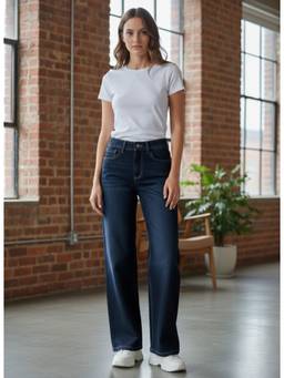 XYLA - Women Navy Blue Mid Waist Cotton Solid Straight Leg Jeans