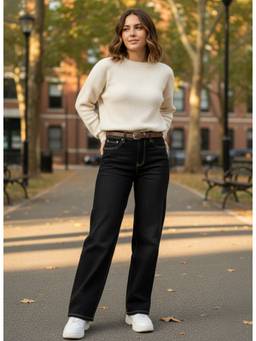 XYLA - Black Solid Women Mid Waist Cotton Straight Leg Jeans