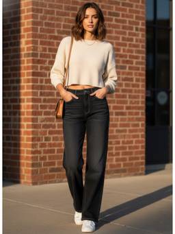 XYLA - Black Solid Women's Mid Waist Cotton Straight Leg Jeans