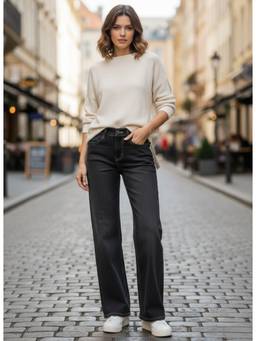 XYLA - Black Women Solid Mid Waist Cotton Straight Leg Jeans