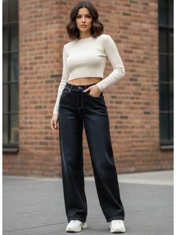 XYLA - Black Women Mid Waist Cotton Solid Straight Leg Jeans
