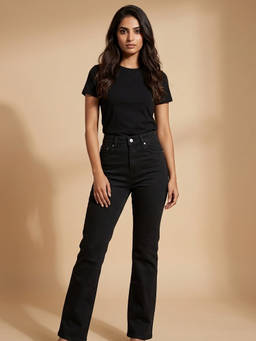 XYLA - Black Women's High Waist Cotton Solid Straight Leg Jeans