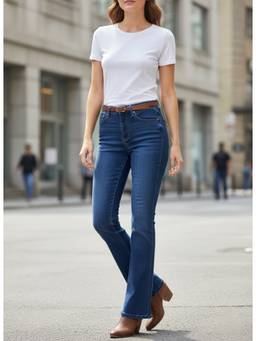XYLA - Navy Blue Women Mid Waist Cotton Solid Flared Leg Jeans